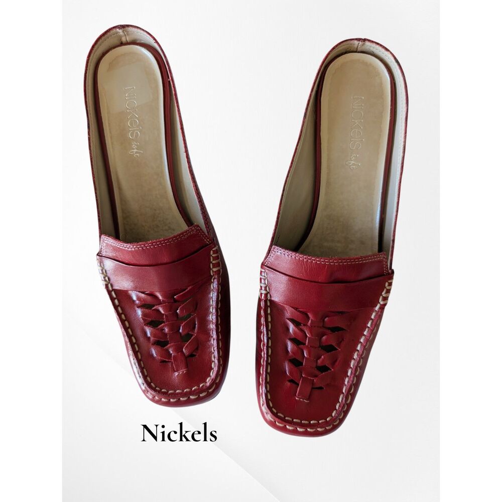 Nickels Soft Red Leather Mule Heels Woven Square Toe Block Heel Slide